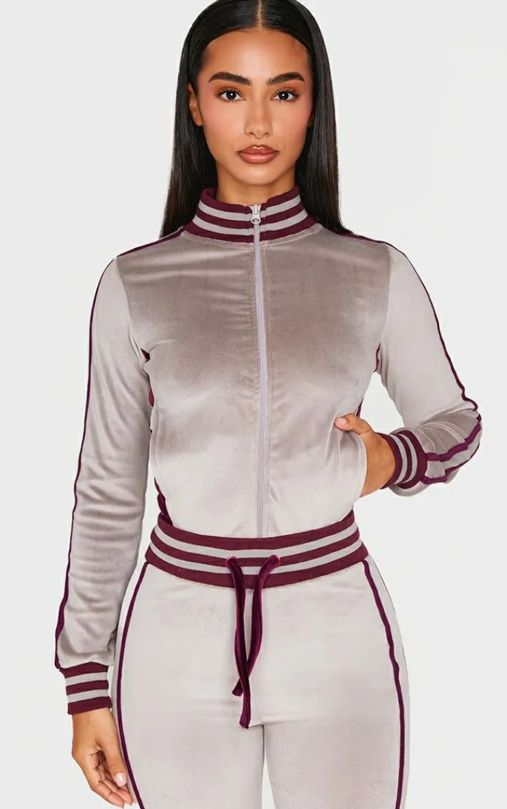 Sale PrettyLittleThing Petite Contrast Velour Fitted Longline Zip Up Jacket Mauve