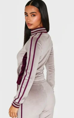 Sale PrettyLittleThing Petite Contrast Velour Fitted Longline Zip Up Jacket Mauve