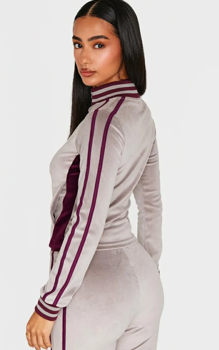 Sale PrettyLittleThing Petite Contrast Velour Fitted Longline Zip Up Jacket Mauve