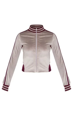 Sale PrettyLittleThing Petite Contrast Velour Fitted Longline Zip Up Jacket Mauve