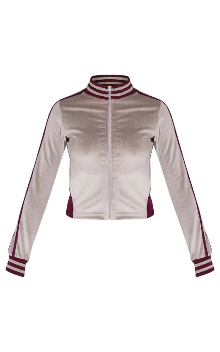 Sale PrettyLittleThing Petite Contrast Velour Fitted Longline Zip Up Jacket Mauve