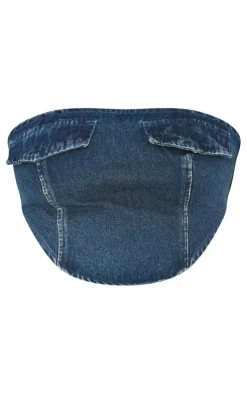 PrettyLittleThing Petite Bandeau Pocket Detail Denim Corset Mid Blue Wash