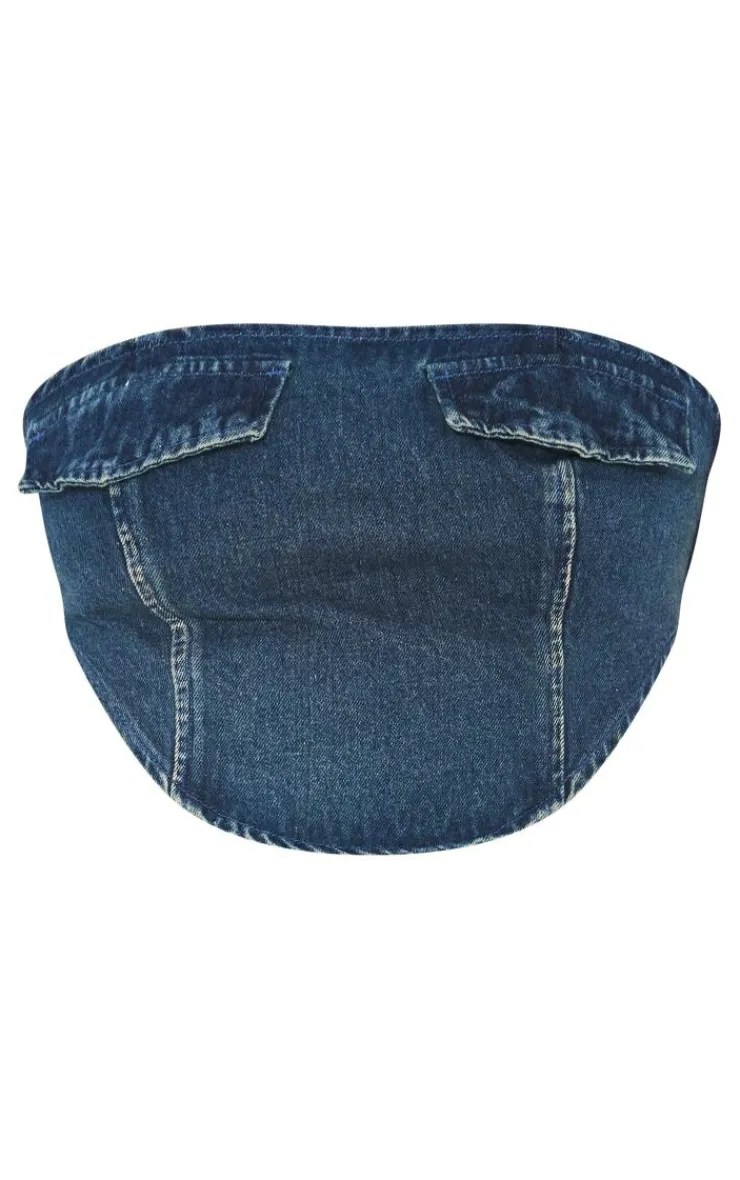 PrettyLittleThing Petite Bandeau Pocket Detail Denim Corset Mid Blue Wash
