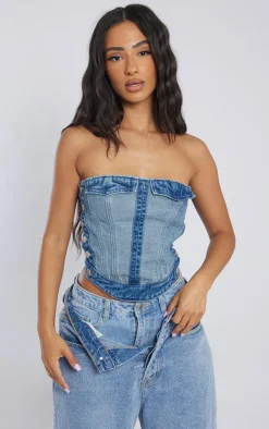 PrettyLittleThing Corsets*Petite Denim Corset Top With Button Detailing