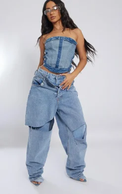 PrettyLittleThing Corsets*Petite Denim Corset Top With Button Detailing