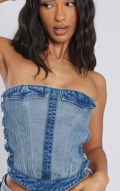 PrettyLittleThing Corsets*Petite Denim Corset Top With Button Detailing