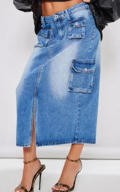Petite Mid Blue Wash Denim Cargo Midaxi Skirt