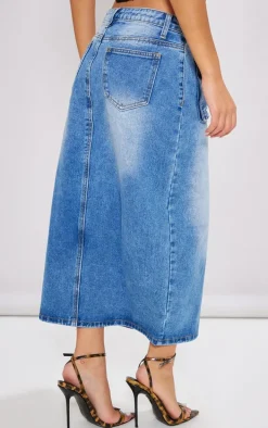 Petite Mid Blue Wash Denim Cargo Midaxi Skirt