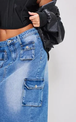 Petite Mid Blue Wash Denim Cargo Midaxi Skirt