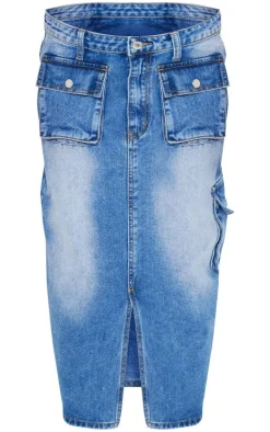 Petite Mid Blue Wash Denim Cargo Midaxi Skirt