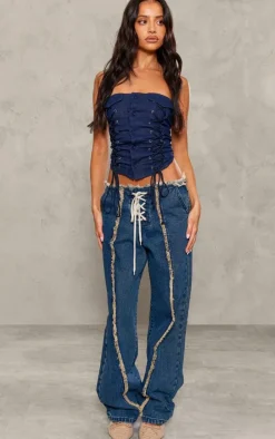 Petite Mid Blue Wash Denim Lace Up Jeans With Fray Details