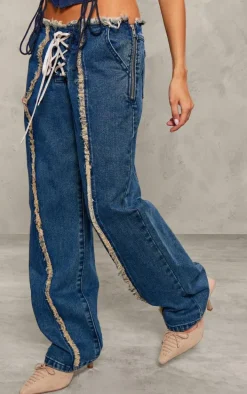 Petite Mid Blue Wash Denim Lace Up Jeans With Fray Details