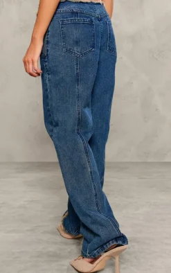 Petite Mid Blue Wash Denim Lace Up Jeans With Fray Details