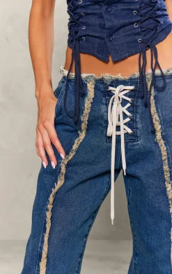 Petite Mid Blue Wash Denim Lace Up Jeans With Fray Details