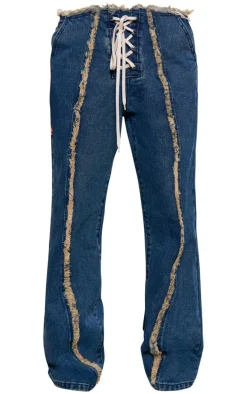 Petite Mid Blue Wash Denim Lace Up Jeans With Fray Details
