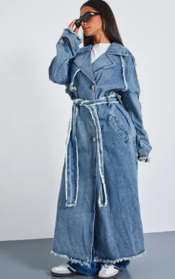 PrettyLittleThing Trench Coats*Petite Denim Frayed Edge Maxi Trench Coat
