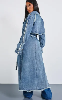 PrettyLittleThing Trench Coats*Petite Denim Frayed Edge Maxi Trench Coat