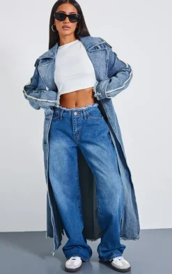 PrettyLittleThing Trench Coats*Petite Denim Frayed Edge Maxi Trench Coat