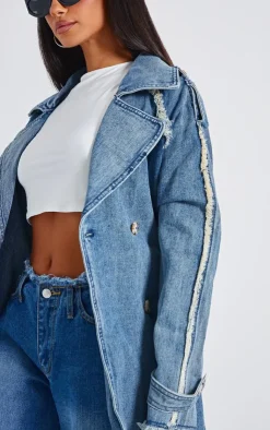 PrettyLittleThing Trench Coats*Petite Denim Frayed Edge Maxi Trench Coat