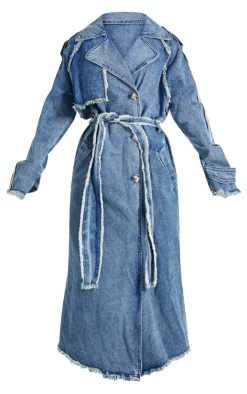 PrettyLittleThing Trench Coats*Petite Denim Frayed Edge Maxi Trench Coat