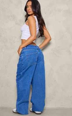 Petite Mid Blue Wash Dipped Back Waistband Boyfriend Jeans