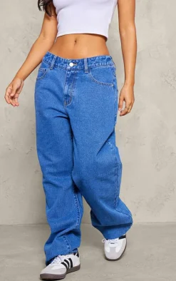 Petite Mid Blue Wash Dipped Back Waistband Boyfriend Jeans