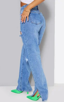 Petite Mid Blue Wash Ripped Split Hem Jeans