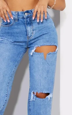 Petite Mid Blue Wash Ripped Split Hem Jeans