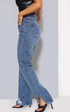 Petite Mid Blue Wash Ripped Split Hem Straight Leg Jeans