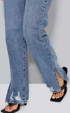 Petite Mid Blue Wash Ripped Split Hem Straight Leg Jeans