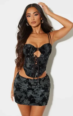 Outlet PrettyLittleThing Petite Devore Lace Up Corset Midnight Blue