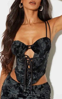 Outlet PrettyLittleThing Petite Devore Lace Up Corset Midnight Blue
