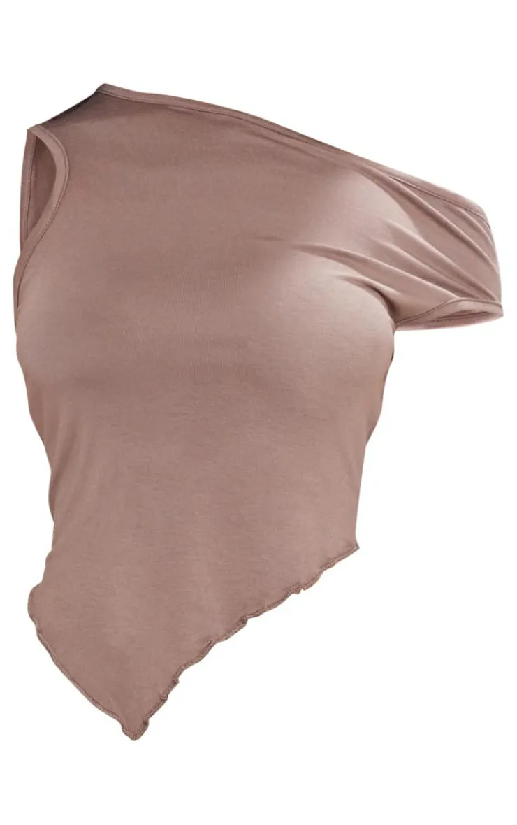 Online PrettyLittleThing Petite Cowl Neck Crop Top Mocha