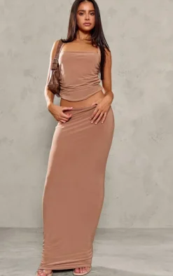 New PrettyLittleThing Petite Halterneck Slinky Ruched Crop Top Mocha