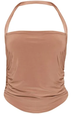 New PrettyLittleThing Petite Halterneck Slinky Ruched Crop Top Mocha