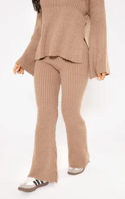 Hot PrettyLittleThing Petite Rib Knit Wide Leg Pant Mocha