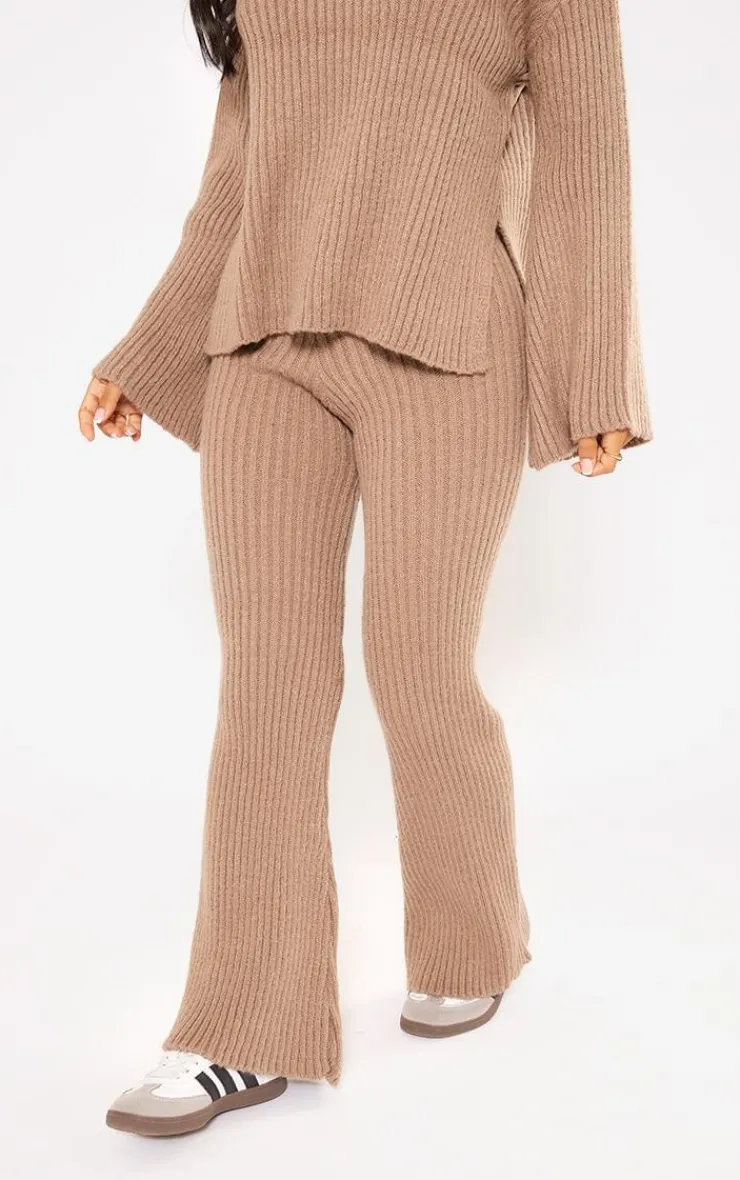 Hot PrettyLittleThing Petite Rib Knit Wide Leg Pant Mocha