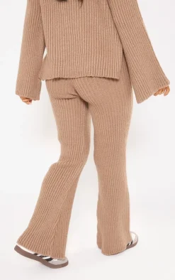 Hot PrettyLittleThing Petite Rib Knit Wide Leg Pant Mocha