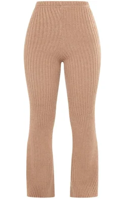 Hot PrettyLittleThing Petite Rib Knit Wide Leg Pant Mocha
