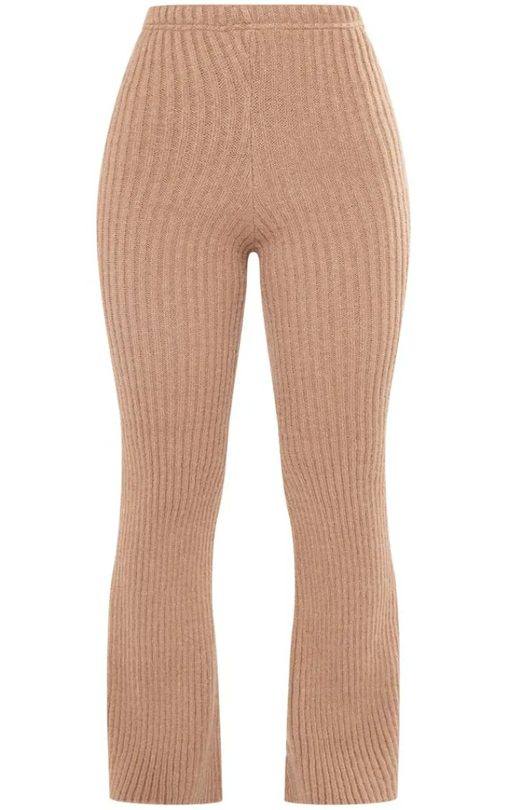 Hot PrettyLittleThing Petite Rib Knit Wide Leg Pant Mocha