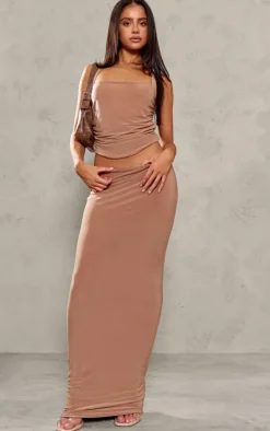 Discount PrettyLittleThing Petite Slinky Low Waist Maxi Skirt Mocha