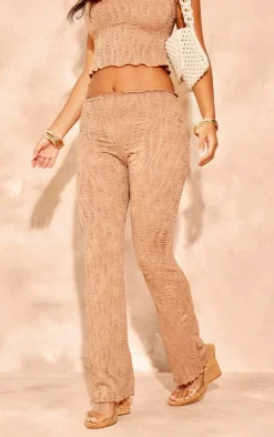 Hot PrettyLittleThing Petite Mocha Textured Straight Leg Pants Mocha.