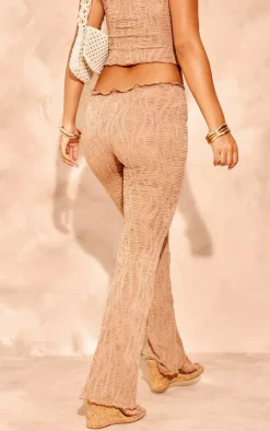 Hot PrettyLittleThing Petite Mocha Textured Straight Leg Pants Mocha.