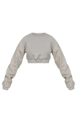 Discount PrettyLittleThing Petite Crop Elasticated Sweat Top Moss Grey