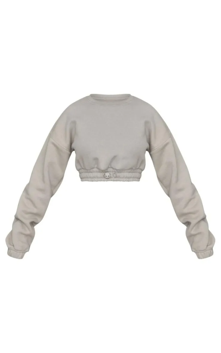Discount PrettyLittleThing Petite Crop Elasticated Sweat Top Moss Grey