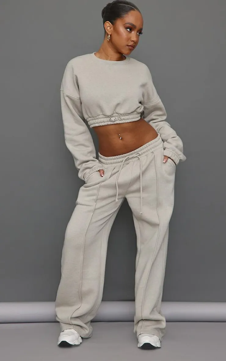 Best PrettyLittleThing Petite Wide Leg Seam Detailed Sweatpants Moss Grey