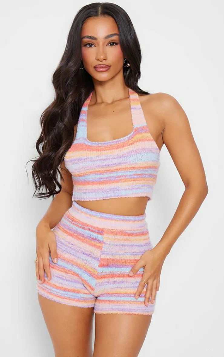 Discount PrettyLittleThing Petite Colored Fluffy Knit Halterneck Crop Top Multi