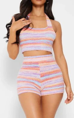 Discount PrettyLittleThing Petite Colored Fluffy Knit Halterneck Crop Top Multi