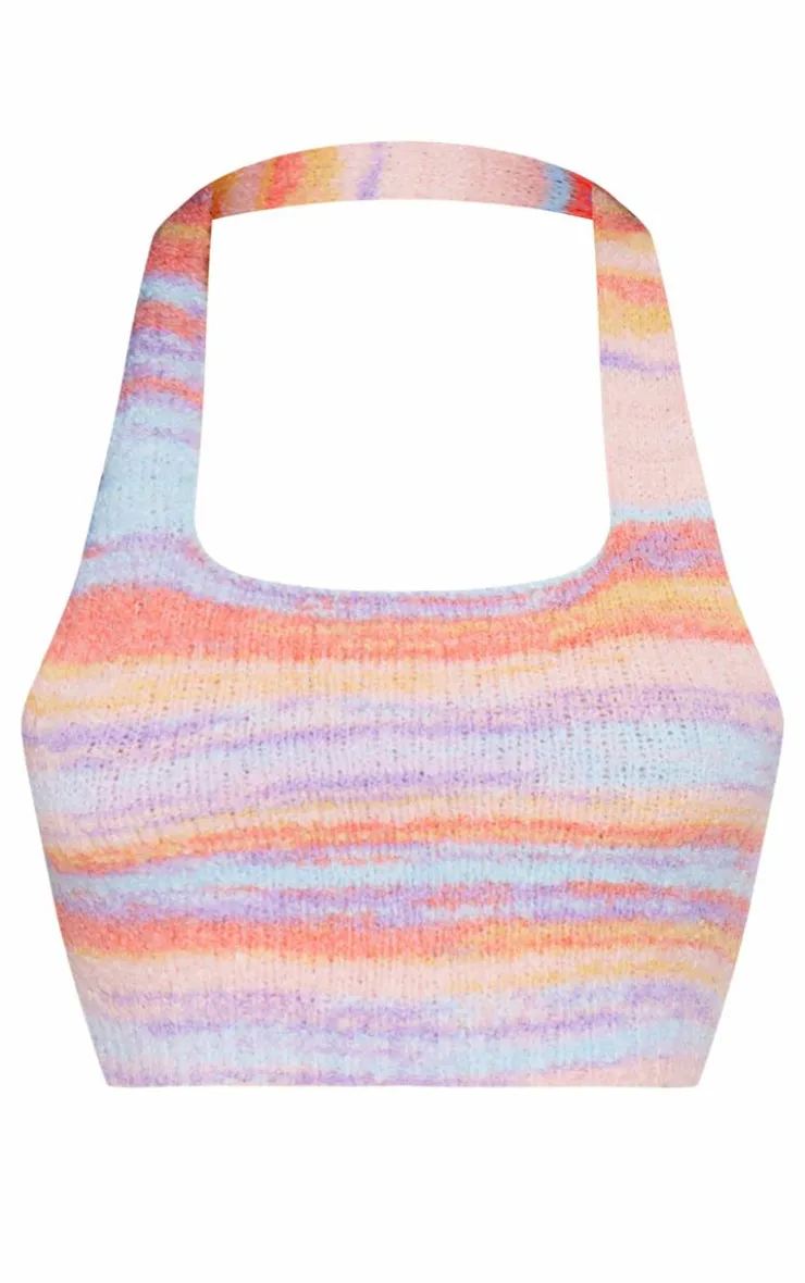 Discount PrettyLittleThing Petite Colored Fluffy Knit Halterneck Crop Top Multi