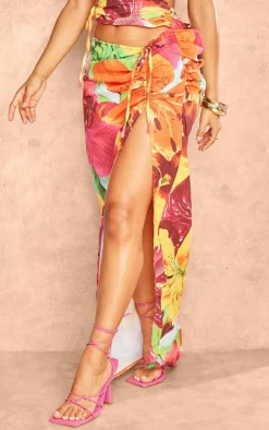 PrettyLittleThing Petite Flower Printed Cut Out Maxi Skirt Multi